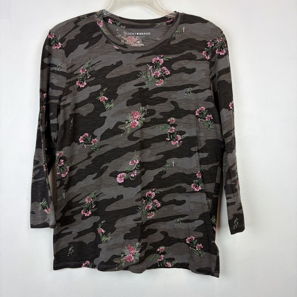 Lucky Brand Camo Camoflage Floral T Shirt Womens Medium Top Casual